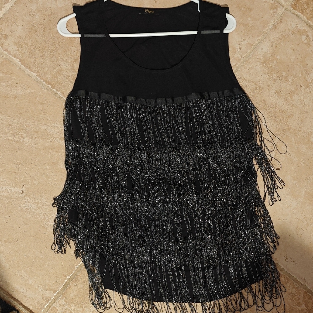 CUPIO BLACK SILVER FRINGE TOP